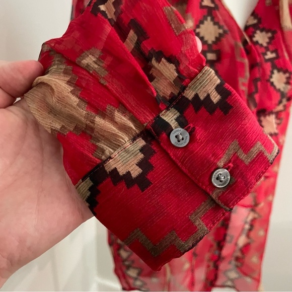Lauren Ralph Lauren Red Aztec Southwestern Ruffle Button Up Sheer Blouse Size M - Picture 4 of 9